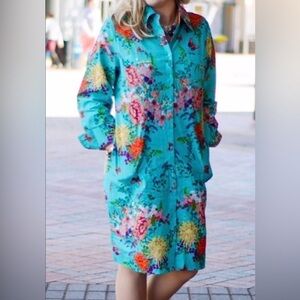 EUC Soft Surroundings Button Down Shirt Dress Turquoise Floral Print XSmall